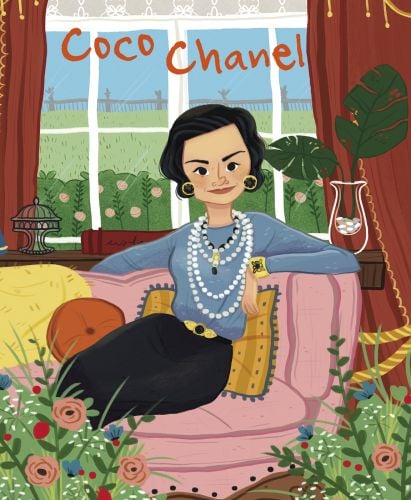 French fashion designer wearing pearl necklaces, sitting on pink sofa, on cover of 'Coco Chanel, Genius', by White Star.