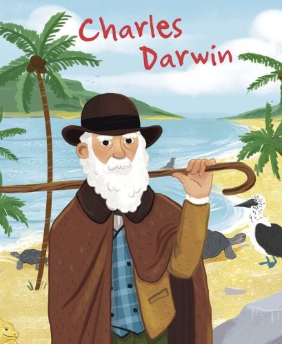 Main in brown hat and coat, holding walking stick over shoulders, standing on a beach, on cover of 'Charles Darwin, Genius', by White Star.