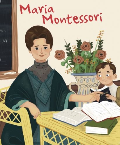 White woman teaching child at table, on cover of 'Maria Montessori' from the 'Genius' series, by White Star.
