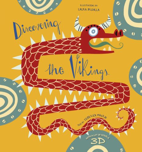 Red dragon with horns, on yellow cover of 'Discovering the Vikings ', by White Star.
