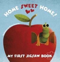 Large red apple with green worm poking out of side, on cover of 'My First Jigsaw Book: Home Sweet Home!', by White Star.