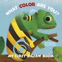 Chameleon with green head and yellow and black striped tail, on cover of 'My First Jigsaw Book: What Color Are You?', by White Star.