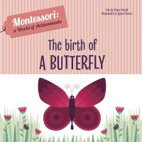 Dark red butterfly above meadow, to centre of board book, 'The Birth of a Butterfly, Montessori: A World of Achievements', by White Star.