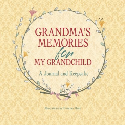 Circle of tiny leaves with bell flower, on yellow patterned cover of 'Grandma's Memories for My Grandchild, A Journal and Keepsake', by White Star.