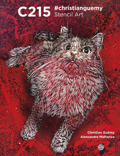 Stencilled image of cat looking up, on red background, on cover of 'C215: #christianguemy Stencil Art', by White Star.