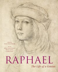 Black chalk self-portrait of man in flat hat, on beige cover of 'Raphael, The Life of a Genius', by White Star.