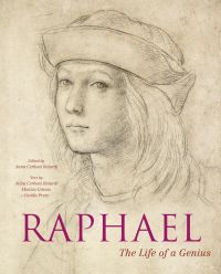 Book cover of Raphael, The Life of a Genius, with a black chalk self-portrait of the artist in flat hat. Published by White Star.