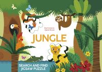 Activity box cover of Jungle: Search and Find Jigsaw Puzzle', with a puzzle piece with yellow leopard in jungle, and sloth hanging from tree. Published by White Star.
