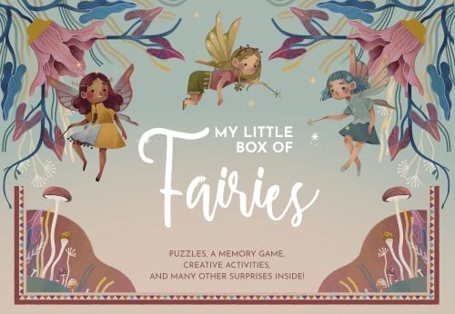 Three fairies flying around pink bell-shaped flowers, on activity box 'My Little Box of Fairies', by White Star.
