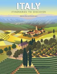 Vineyard-covered hills with cypress trees and mountains behind, on cover of 'Italy, Itineraries to Discover', by White Star.