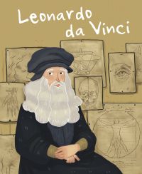 Man with large white beard wearing a large navy smock, Vitruvian and skull drawings behind, on cover of 'Leonardo da Vinci, Genius', by White Star.