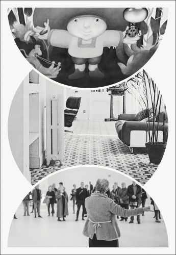 Illustrated children's book cover, modern desk chair, design exhibition, on white cover of 'Swiss Grand Award for Design 2023, Etienne Delessert, Eleonore Peduzzi Riva, Chantal Prod’Hom', by Scheidegger & Spiess.