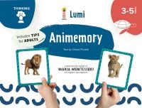 Two game cards: one with lion, one with a lion cub, on activity box of 'Animemory: Thinking', by White Star.