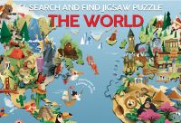 Activity box of The World: Search and Find Jigsaw Puzzle, with continents of the world, with an Egyptian pyramid, a gorilla, and Elizabeth Tower in London. Published by White Star.