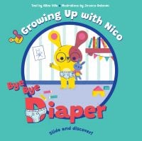 Bunny rabbit wearing a nappy, and holding a toy, on board book cover of 'Bye Bye Diaper, Slide and Discover!', by White Star.