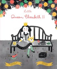 A young queen sitting on a bench with a corgi by her side, on cover of 'Little Queen Elizabeth II', by White Star.