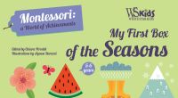 Pink flower, slice of watermelon, yellow wellington boots, snowy mountain, on cover 'My First Box of Seasons, Montessori: A World of Achievements', by White Star.