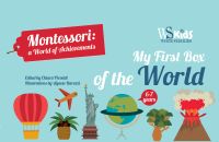 Hot air balloon, Statue of Liberty, world globe, erupting volcano, on cover of 'My First Box of the World, Montessori: A World of Achievements', by White Star.