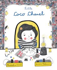 A young fashion designer sewing at a desk, on cover of 'Little Coco Chanel', by White Star.