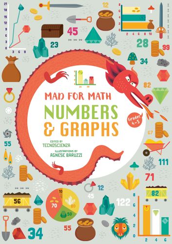 Red fire-breathing dragon surrounded by a pie chart, stacks of coins, a green diamond, on grey cover of 'Numbers and Graphs, Mad for Math', by White Star.