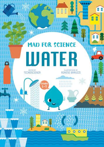 Shower head with water running, ship sailing on sea, on cover of 'Water, Mad for Science', by White Star.