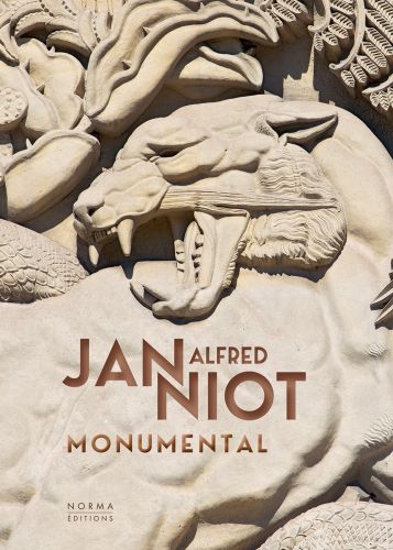 Bas-relief of tiger with open jaws, on cover of 'Alfred Janniot. Monumental.', by Editions Norma.