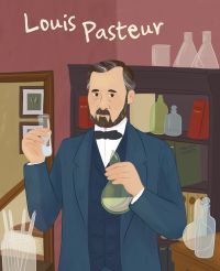 White man in navy suit holding test tube and glass flask, on cover of 'Louis Pasteur, Genius;, by White Star.
