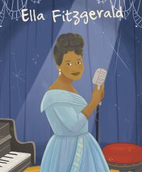 Black woman in blue dress, standing on stage with a microphone, piano behind, on cover of 'Ella Fitzgerald, Genius', published by White Star.