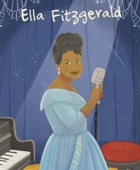 Book cover of Ella Fitzgerald, from the Genius series with the singer in blue dress, standing on stage with a microphone, and piano behind. Published by White Star.
