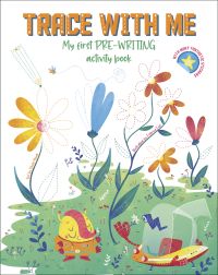Yellow alien with spaceship surrounded by long stemmed flowers, on cover of 'Trace With Me: My First Pre-writing Activity Book', by White star.