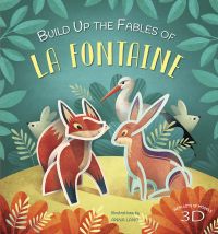 Cardboard cut-out of fox and hare, in woodland, on cover of 'Build Up the Fables of La Fontaine', by White Star.