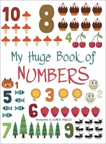 Six red strawberries, five blue fish, on white cover of 'My Huge Book of Numbers', from the 'My Huge Book' series, by White Star.
