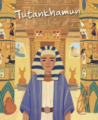 Young pharaoh surrounded by hieroglyphics on stone pillars, on cover of 'Tutankhamun', from the 'Genius' series, by White Star.
