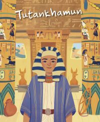 Book cover of Tutankhamun, from the Genius series, with a young pharaoh surrounded by hieroglyphics on stone pillars. Published by White Star.