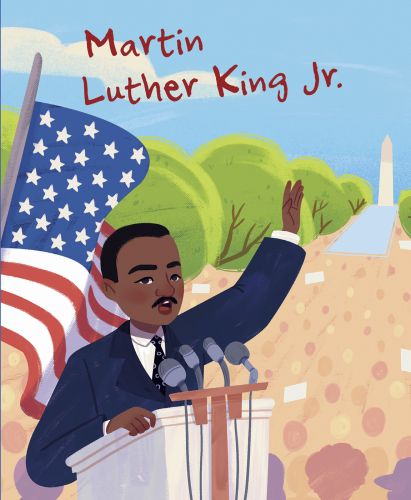 Black man in navy suit holding a speech at a platform with microphones, on cover of 'Martin Luther King Jr., Genius', by White Star.