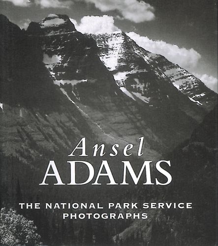 Book cover of Ansel Adams, The National Parks Service Photographs, featuring snow-topped mountains with forest below, published by Abbeville Press.