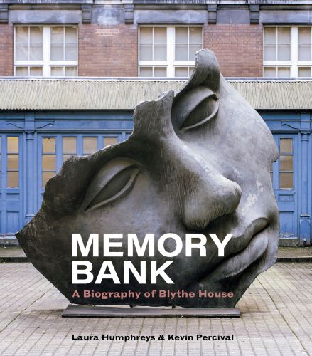 Large metal sculpture of face, on cover of 'Memory Bank, A Biography of Blythe House', by Scala Arts & Heritage Publishers.