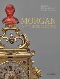 Gold carriage clock with red bust on top, on cover of 'MORGAN –The Collector Essays in Honor of Linda Roth’s 40th Anniversary at the Wadsworth Atheneum Museum of Art', by Arnoldsche Art Publishers.