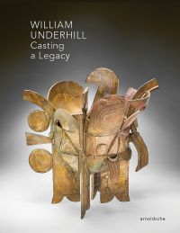 Bronze abstract sculptural vessel in exhibition space, on cover of 'William Underhill', by Arnoldsche Art Publishers.