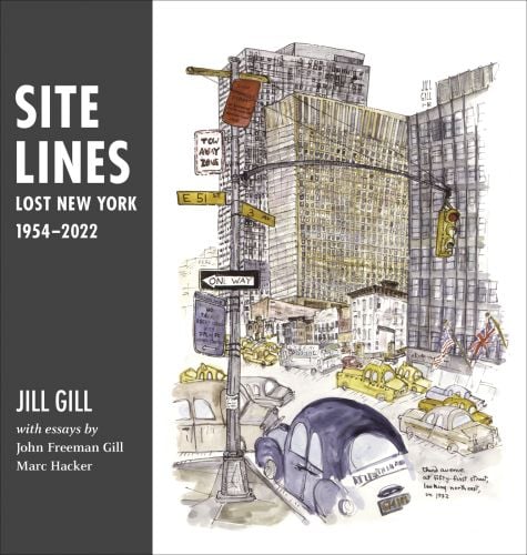 Watercolour painting of cityscape with skyscrapers, road with traffic lights and cars, on cover of 'Site Lines, Lost New York, 1954–2022', by ORO Editions.