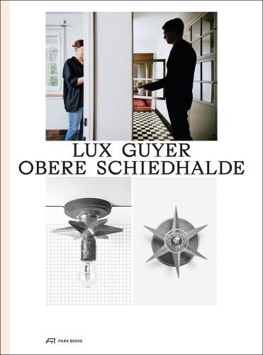 Interior of house with black and white checked floor, star-shaped light fittings, on white cover of 'Lux Guyer—Obere Schiedhalde, Renovation of a House from 1929', by Park Books.