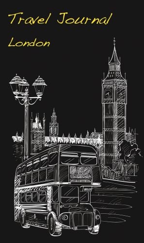 Sketch of Elizabeth Tower, with bus beneath, on black cover of 'Travel Journal: London', by White Star.
