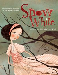 Young girl in floral pink dress, black spooky tree branches to left, on cover of 'Snow White, Based on the Masterpiece by The Brothers Grimm', by White Star.