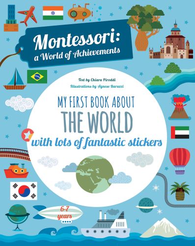 Planet earth surrounded by clouds, hot air balloons, planes, South Korean flag, on cover of 'My First Book About the World, Montessori Activity Book', by White Star.