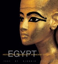 Head of bright gold statue with thick black kohl eyeliner, on black cover of 'Egypt, History and Treasures of an Ancient Civilization', by White Star.