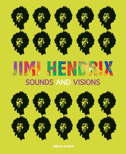 Multiple black portrait silhouettes of Hendrix on lime green cover of 'Jimi Hendrix 1967-1970, 'The Guitarist Who Made Rock Music History', by White Star.