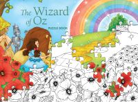 Dorothy, the lion, tinman and the scarecrow walking towards the Emerald City palace, on cover of 'The Wizard of Oz: Puzzle Book', by White Star.