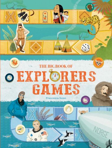 Board game path tiles with dice and cut-out figures, on cover of 'The Big Book of Explorers Games', by White Star.