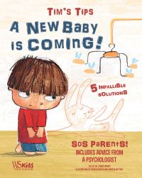 Young child looking sad as he looks at a toy rabbit and baby mobile, on cover of 'A New Baby is Coming!, SOS Parents', by White Star.