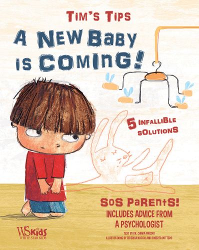 Young child looking sad as he looks at a toy rabbit and baby mobile, on cover of 'A New Baby is Coming!, SOS Parents', by White Star.
